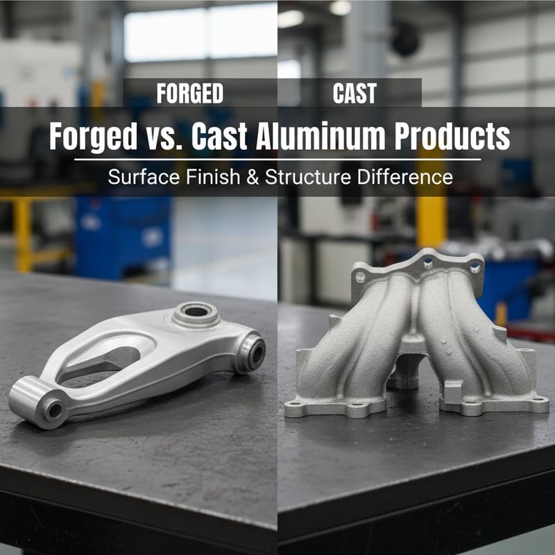 A forged aluminum part next to a cast aluminum part, highlighting the surface finish difference