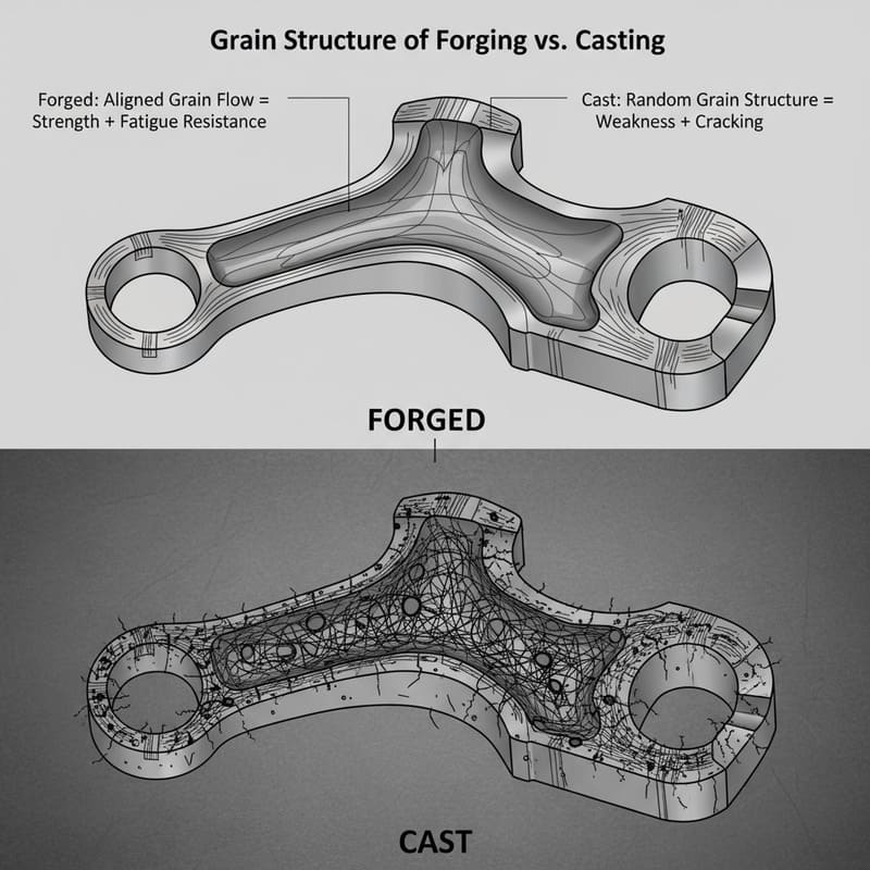 A close-up of a smooth, anodized forged part and a textured, powder-coated cast part
