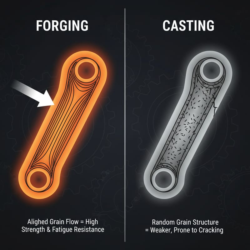 An illustration showing the aligned grain flow in forging versus the random structure in casting